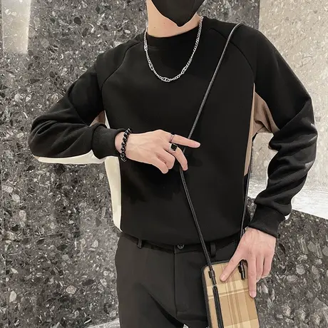 秋季圆领套头拼色卫衣男小众休闲外套上衣潮牌个性百搭长袖打底衫商品大图