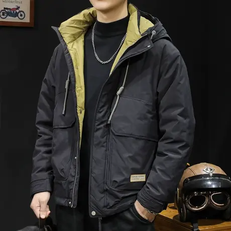 羽绒服男冬季2023新款黑色潮牌大码爆款工装男士外套短款连帽保暖商品大图