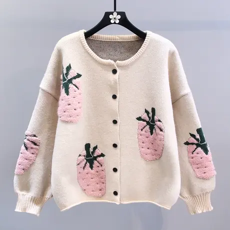 复古撞色草莓毛衣外套女秋冬2023新款宽松慵懒风减龄圆领针织开衫商品大图