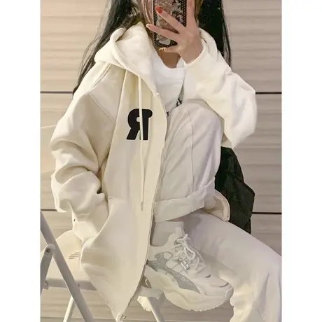 拉链开衫连帽卫衣女春秋冬季韩版宽松显瘦加绒加厚慵懒风上衣外套商品大图