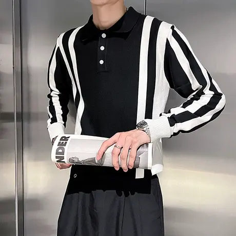 条纹POLO领毛衣男秋冬新款ins休闲轻熟风设计高级内搭针织衫体恤商品大图