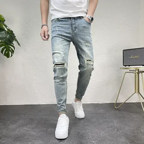 2023秋冬新款韩版修身小脚破洞牛仔裤男潮个性补丁铅笔裤微弹长裤图片