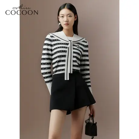 COCOON商场同款2023秋冬新款海军黑白条纹绵羊毛针织衫商品大图