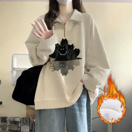 高级感Polo领大码女装卫衣潮胖mm秋冬宽松上衣加绒保暖慵懒风外套商品大图