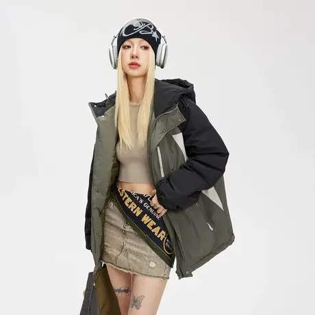 复古潮牌连帽棉服女冬季2023新款加厚外套宽松拼接保暖棉衣商品大图