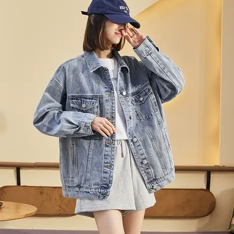 唐狮女牛仔外套宽松春秋新款韩版印花卡通图案学生外穿上衣图片