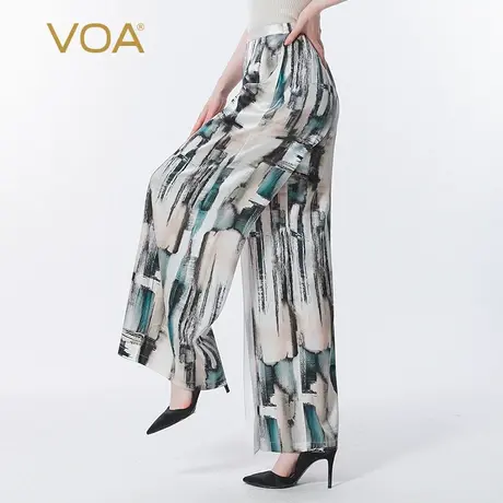 VOA真丝印花弹力立体活页拼接不对称松紧腰百搭桑蚕丝阔腿长裤商品大图