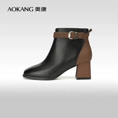【门店发货】奥康女鞋 冬季新款羊皮加绒靴子拼色粗跟短靴子商品大图