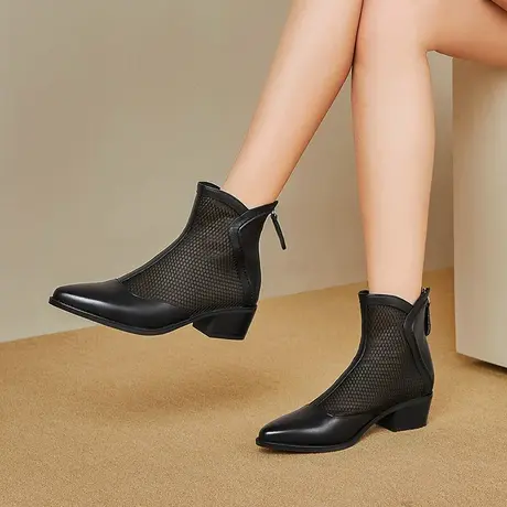 欧美风夏季中跟凉靴里外真皮透气网纱时尚尖头粗跟切尔西短靴网靴图片