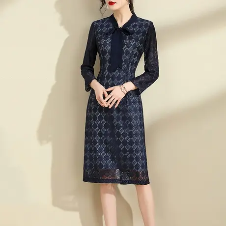 水墨青华冬季新品大牌打底连身裙时尚蕾丝裙修身百搭连衣裙图片