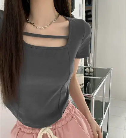 夏季纯欲风2023正肩修身短款方领显瘦别致短袖t恤女辣妹上衣ins潮图片