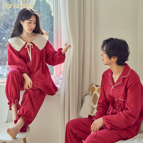 Bananagirl情侣睡衣女睡衣秋 春秋 纯棉简约甜美红色结婚套装长袖商品大图
