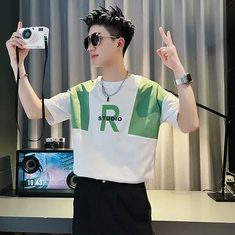 拼接短袖t恤男2023新款潮流印花半截袖上衣ins潮牌个性时尚半袖帅图片