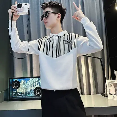 春秋季条纹POLO领卫衣男ins潮牌长袖T恤衫体恤发型师休闲个性上衣商品大图