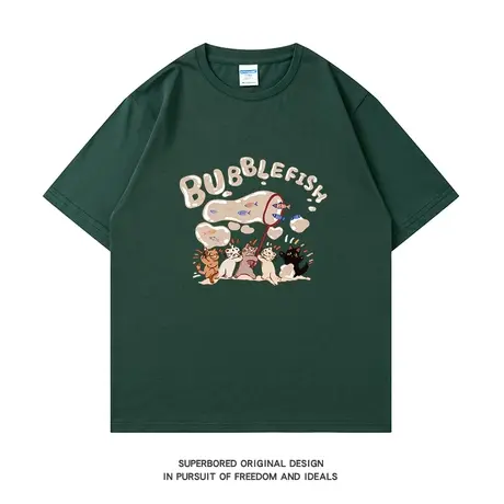 夏季简约日系趣味卡通猫咪印花纯棉短袖T恤男学生宽松休闲半袖商品大图