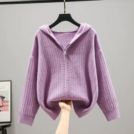 2023春季新款韩版宽松连帽衫针织衫毛衣拉链长袖开衫外套女士百搭图片