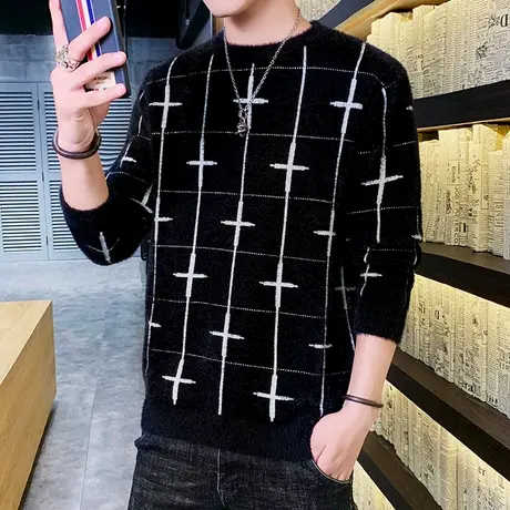 潮牌个性格子加厚水貂绒毛衣男秋冬季学生韩版圆领针织打底衫保暖商品大图