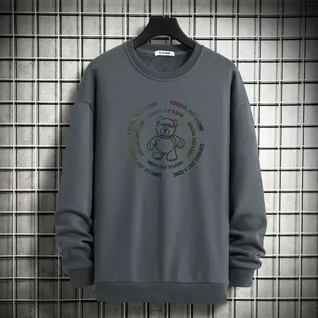 男士卫衣套头无帽上衣服春秋款加绒宽松潮流百搭小熊印花圆领长袖商品大图