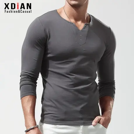 V领打底衫男长袖t恤纯棉纯色修身弹力紧身修身春秋季内搭上衣秋衣商品大图
