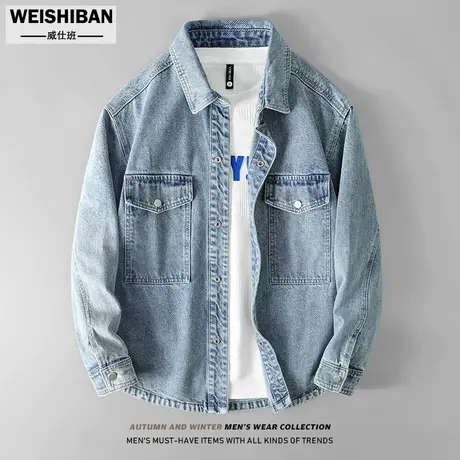 春秋牛仔衬衫男潮流宽松ins纯色工装长袖衬衣薄外套浅色复古上衣图片