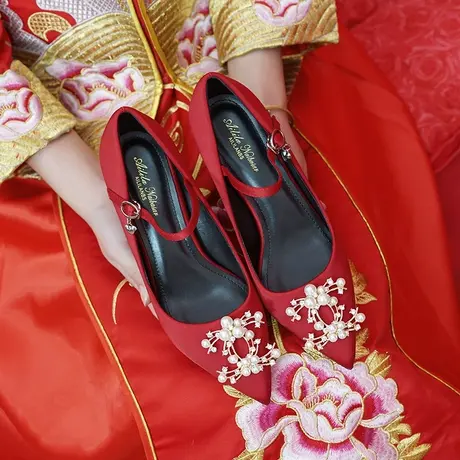 结婚鞋女禾秀主婚纱两穿中式粗跟新娘鞋孕妇平时可穿不累脚高级感商品大图
