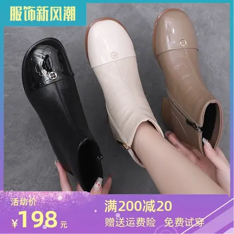 小皮鞋女英伦风短靴中跟冬季小羊皮大码女短靴40一43显脚小靴子女商品大图