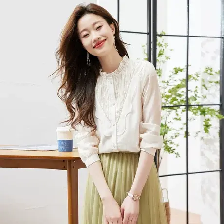 时尚气质短袖衬衫2023年夏季新款淑女温柔甜美立领宽松显瘦上衣商品大图