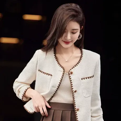 时尚气质外套2023年秋季新款女圆领百搭温柔短款长袖小香风上衣商品大图