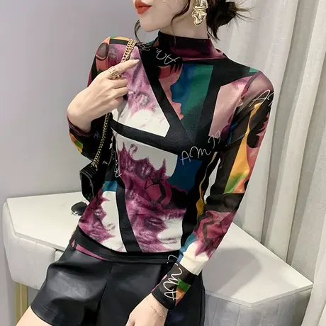 加绒加厚打底衫女秋冬复古印花内搭上衣洋气半高领网纱长袖T恤女商品大图