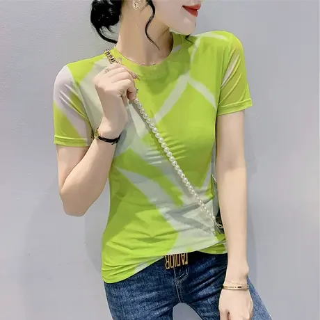 欧货时尚印花短袖T恤女2024夏季新款修身圆领小衫性感网纱上衣潮商品大图