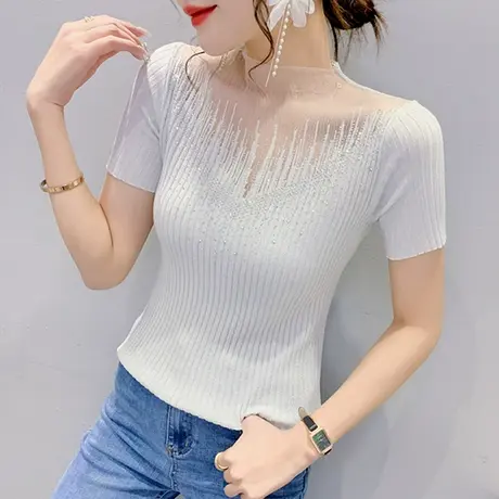 欧货网纱拼接短袖T恤女夏季洋气性感镂空小衫设计感重工烫钻上衣商品大图