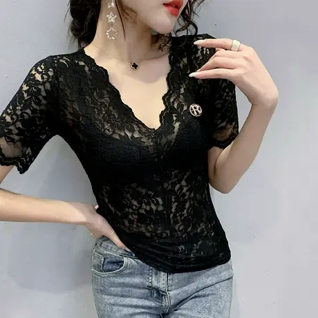 性感镂空V领蕾丝衫女短袖夏装2024新款时尚洋气上衣百搭气质小衫图片