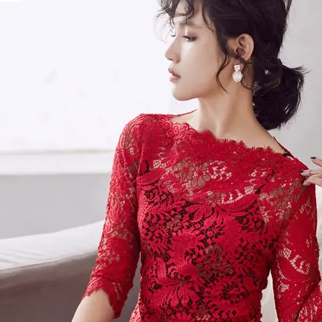 秋装女2023年新款钩花镂空修身一字领蕾丝衫女七分袖打底蕾丝上衣商品大图