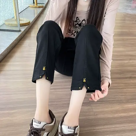 黑色九分直筒牛仔裤女2023年秋季新款高腰显瘦小个子开叉烟管裤子商品大图