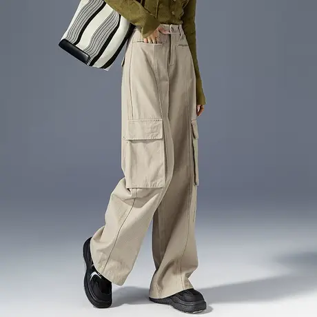 潮牌美式工装裤女2023新款秋款高腰阔腿裤女宽松直筒裤秋季休闲裤商品大图