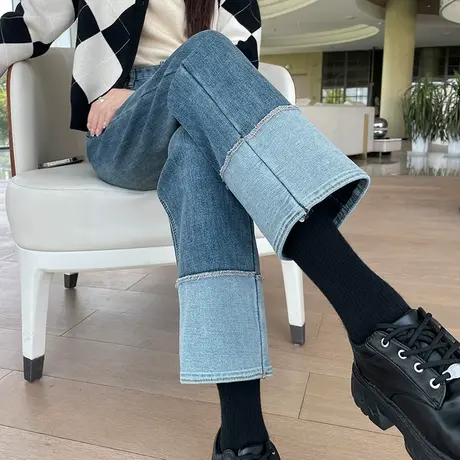 加绒直筒牛仔裤女秋冬2023年新款高腰显瘦法棍裤小个子卷边烟管裤商品大图