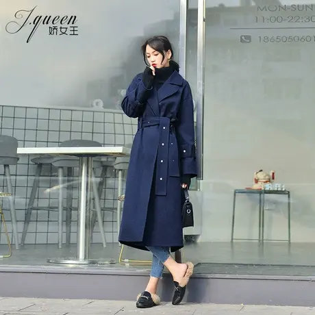 毛呢外套女中长款秋冬季韩版宽松显瘦休闲气质赫本风系带呢子大衣图片