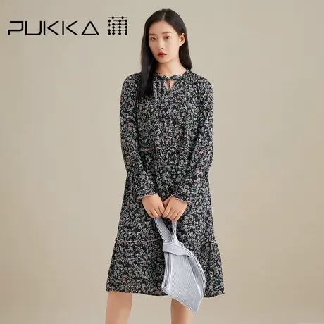 蒲PUKKA 真丝碎花连衣裙女秋装新款桑蚕丝宽松法式V领休闲裙图片
