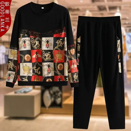 40-50岁中年妈妈秋装长袖T恤两件套大码宽松洋气时尚印花休闲套装商品大图