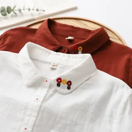 春秋季新款文艺小清新刺绣双层纱纯棉白色长袖衬衫女学生叠穿上衣图片