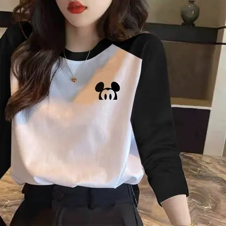 春季t恤女纯棉内搭打底衫撞色插肩袖网红上衣韩版长袖学生体恤潮图片