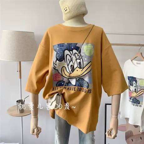 短袖t恤女2021春夏新款韩版ins潮卡通宽松大码中长款内搭半袖上衣图片