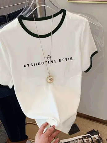 欧货仿棉正肩短袖t恤女2023年新款夏季冷淡系独特别致撞色上衣服图片