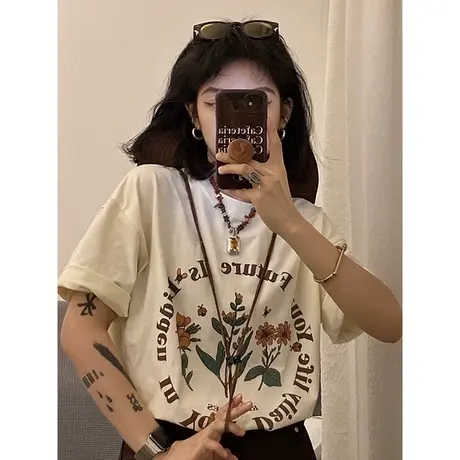 美式复古印花t恤女大码半袖oversize港风chic上衣ins新款小众短袖商品大图