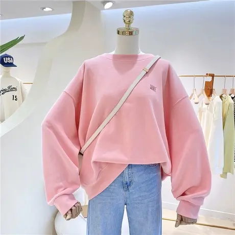vintage粉色卫衣女ins潮牌薄款宽松chic港风复古超火cec无帽上衣商品大图
