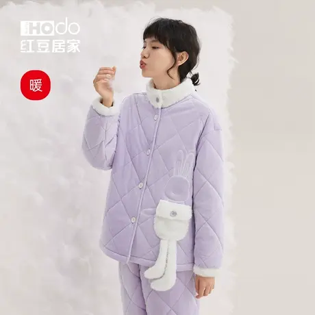 【暖感】红豆女睡衣冬三层夹棉珊瑚绒可爱少女外穿棉服家居服套装商品大图