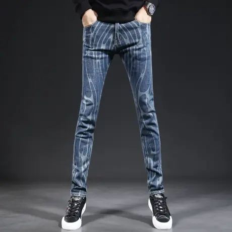 香港高端潮牌印花牛仔裤男修身小脚2023新款春秋季弹力潮流男裤子商品大图