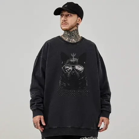 美式重磅大码无帽复古潮牌胖子男装春秋款宽松水洗做旧圆领卫衣男商品大图