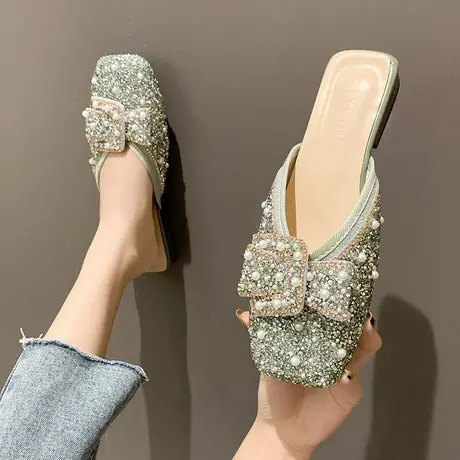 包头半拖鞋女2024年新款仙女风水钻扣温柔方头平底夏季外穿拖鞋女商品大图