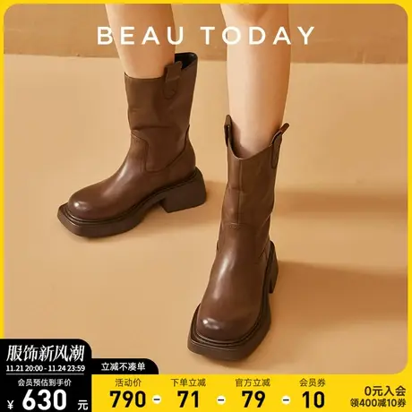 BeauToday短靴女2024新款BT真皮春季单靴高跟法式黑色复古靴子图片